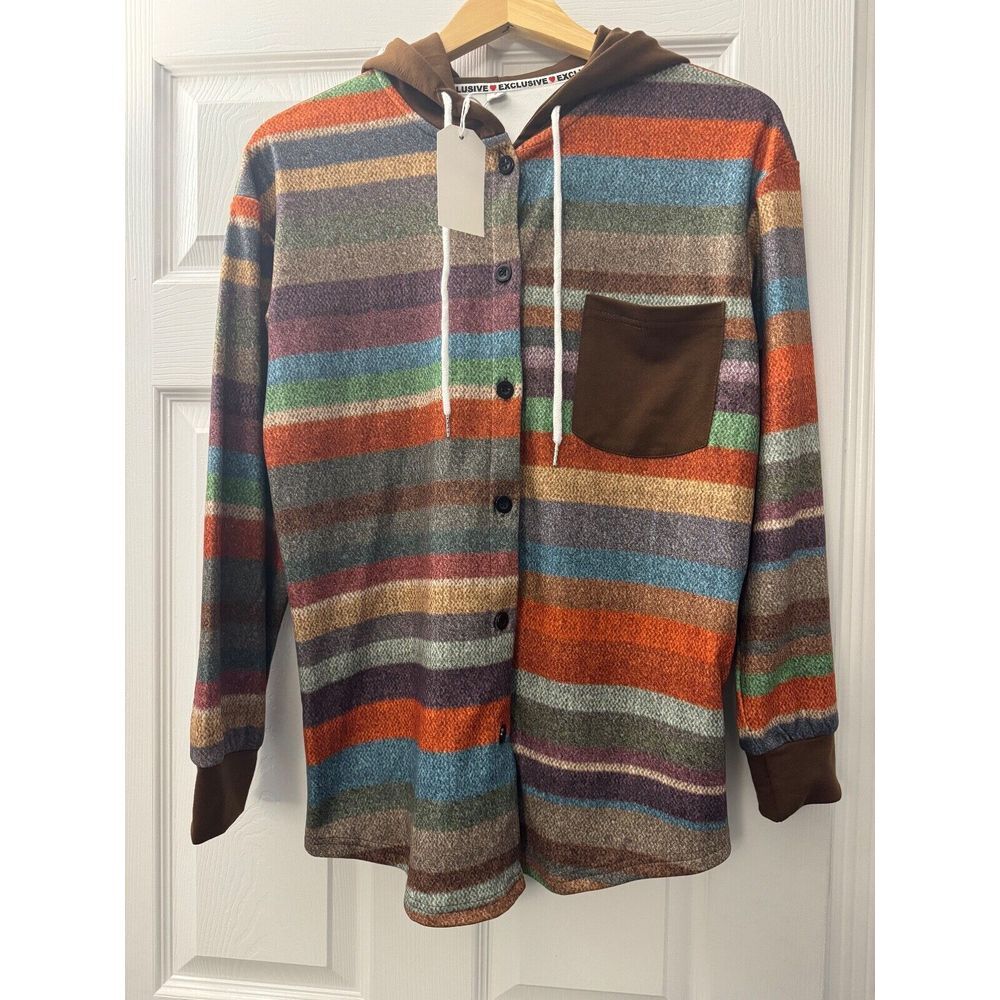EXCLUSIVE ❤️ Multicolor Striped Button Up Tie Hoodie ‎ Supersoft Jacket Women's